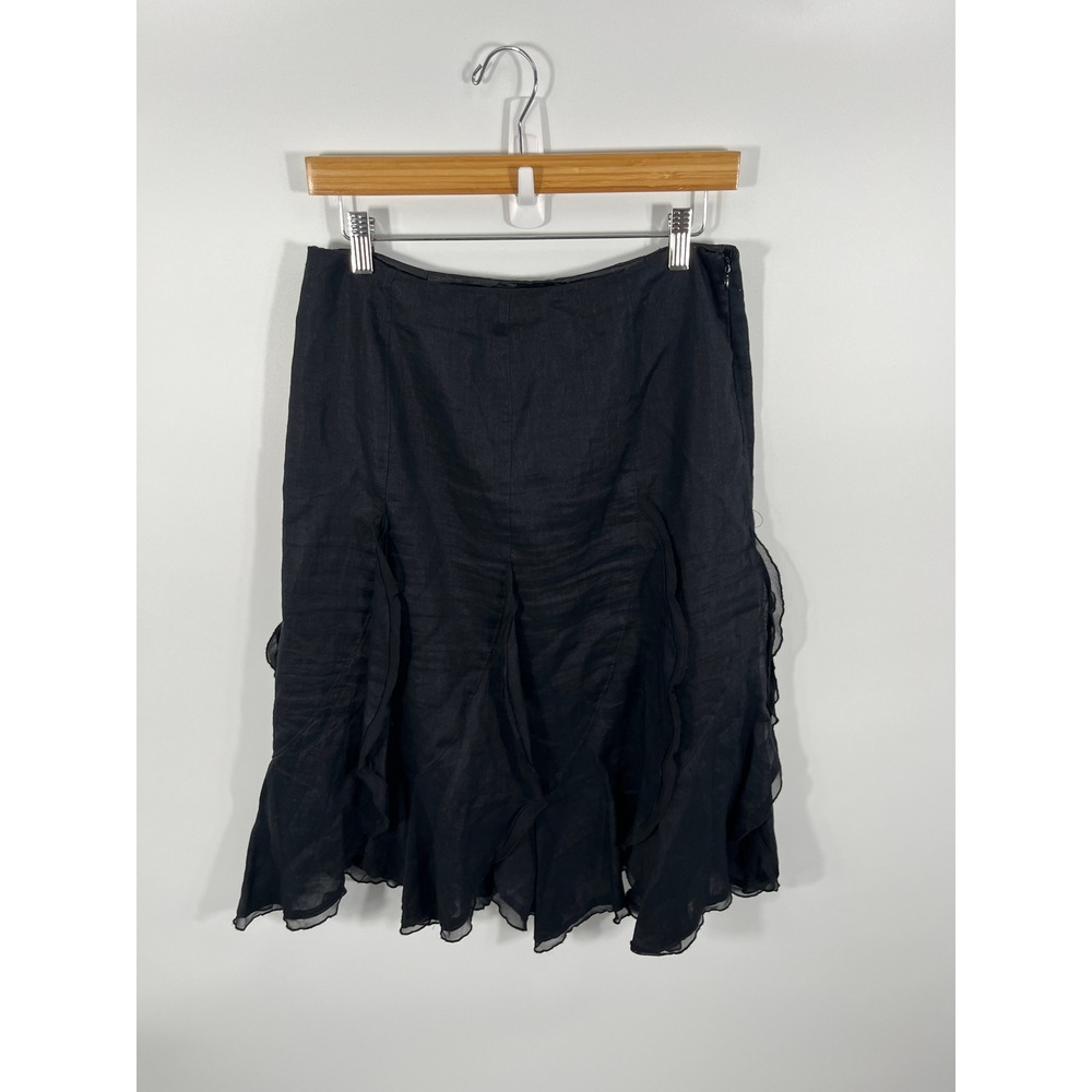 Y2K 100% Linen Midi Skirt Womens 8 Black Ruffle Whimsigoth Dark Fairy Grunge